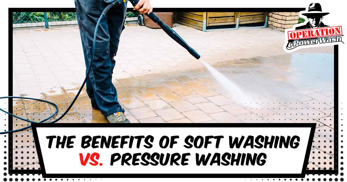 Image of outdoor floor cleaning with a high-pressure water jet on concrete, featuring Operation Power Wash and highlighting The Benefits of Soft Washing vs. Pressure Washing, ensuring alignment with the page's context.